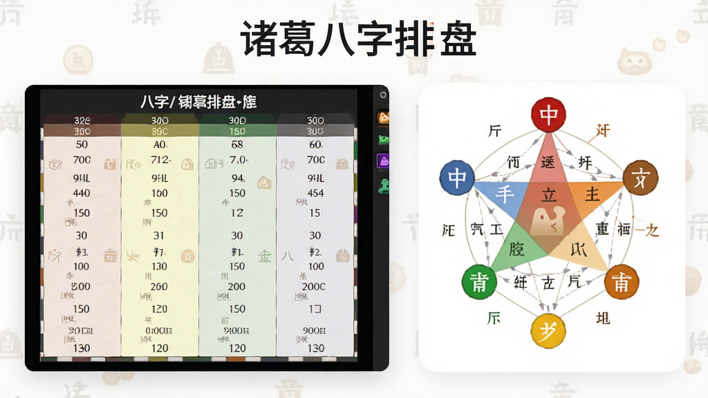 生成一张功能展示图,主体为八字排盘界面的截图,显示四柱信息,布局为左文右图,排版清晰,风格简洁现代,细节有五行生克图,画质高,干净,图片上显示文字“诸葛八字排盘”