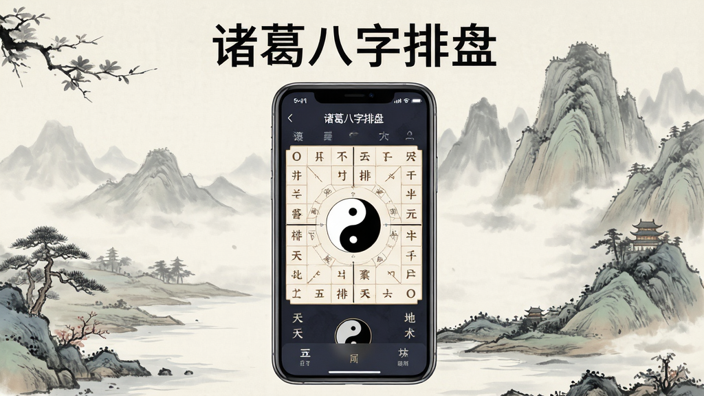 生成一张关于诸葛八字排盘App的展示图,主体为手机屏幕显示八字排盘结果界面,背景为古风山水画,布局居中,排版简洁,风格古风与现代结合,细节有太极、阴阳、天干地支等元素,画质高清,干净,无多余元素,图片上显示文字“诸葛八字排盘”