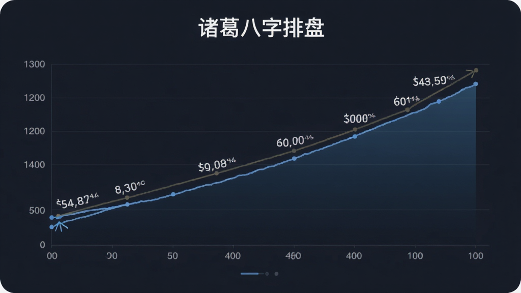 生成一张运势分析图表,主体为折线图展示流年运势,布局居中,风格商务简约,细节有趋势标注,画质高,干净,图片上显示文字“诸葛八字排盘”