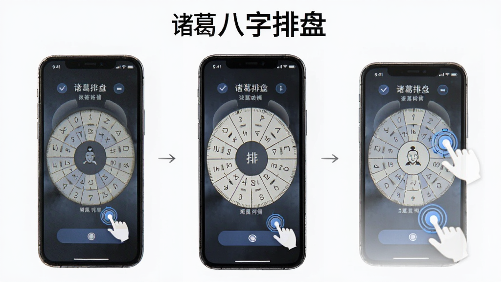 生成一张使用教程示意图,主体为手机操作界面,显示排盘步骤,布局分步骤展示,风格简洁,细节有触屏点击手势,画质高,干净,图片上显示文字“诸葛八字排盘”