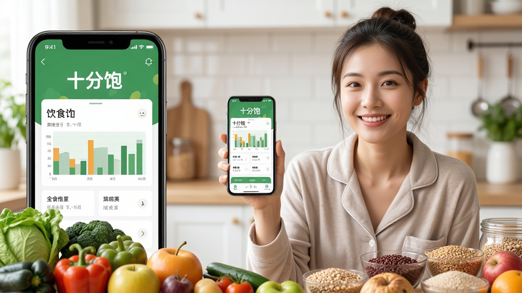 主体:一位面带微笑的年轻女性,手持手机展示“十分饱”APP界面,身边环绕着蔬菜、水果、全谷物等健康食材,背景是明亮温馨的厨房。布局:人物位于画面中央偏右,左侧为APP界面特写,底部铺满健康食物,形成视觉引导。排版:画面干净,主体突出,APP界面内显示“十分饱”三个字及饮食计划图表。风格:写实摄影风格,光线自然柔和,色彩清新明亮,突出健康、科学的氛围。细节:人物穿着舒适的家居服,表情轻松愉悦,食物摆放整齐有序。画质:4K超清,细腻真实,干净无多余元素。