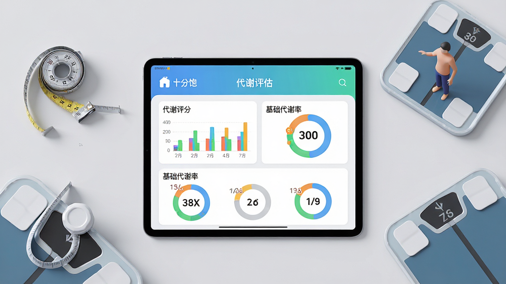 主体:一台平板电脑展示着“十分饱”APP的代谢评估报告,上面有彩色图表和数据圆环,周围放置着卷尺、体脂秤等测量工具。布局:平板位于画面中央,报告界面清晰可见,周围工具呈环形摆放,营造专业感。排版:界面设计简洁,数据可视化,图表色彩鲜明。风格:现代科技风,扁平化设计,背景为浅灰色,突出主体。细节:报告上显示“代谢评分”、“基础代谢率”等文字,体脂秤上站着一个抽象小人。画质:高清渲染,细节丰富,干净无多余元素。