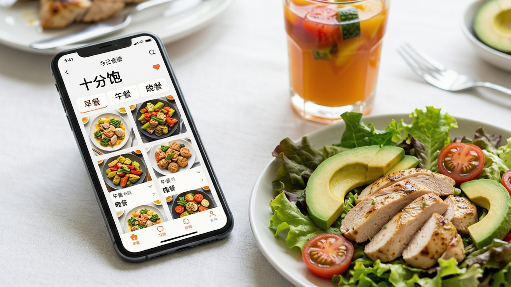 主体:一部手机放在餐桌上,屏幕显示“十分饱”APP的今日食谱界面,旁边摆着一盘色香味俱全的鸡胸肉沙拉和一杯果蔬汁。布局:手机在左,餐食在右,形成对角线构图,画面饱满。排版:手机界面清晰展示“早餐”、“午餐”、“晚餐”标签及推荐菜品图片。风格:美食摄影风格,自然光线下食物色泽诱人,背景虚化。细节:沙拉中可见鸡胸肉、牛油果、生菜、小番茄,果蔬汁颜色鲜艳。画质:超清画质,食物纹理清晰,干净无多余元素。