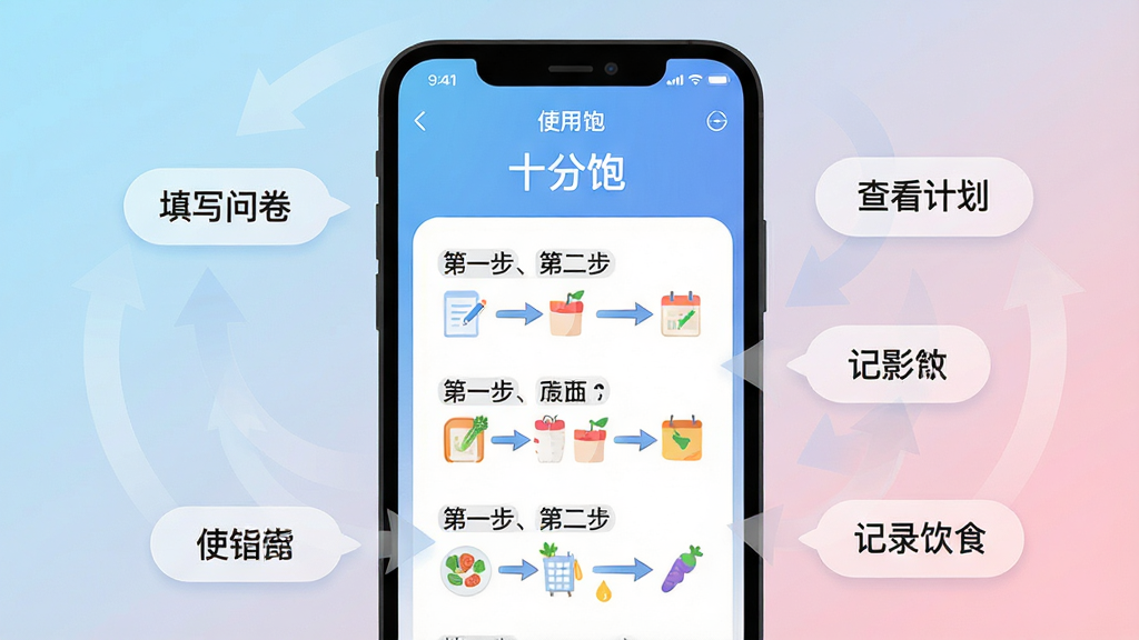 主体:手机屏幕显示“十分饱”APP的“使用指南”界面,旁边有箭头标注操作步骤,背景为简洁的渐变色。布局:手机居中,周围有半透明的指引箭头和文字气泡。排版:界面清晰展示“第一步、第二步”等步骤说明,字体简洁。风格:扁平化插画风格,色彩明快,背景为浅蓝到浅粉渐变。细节:气泡内文字如“填写问卷”、“查看计划”、“记录饮食”等。画质:高清矢量画质,干净无多余元素。