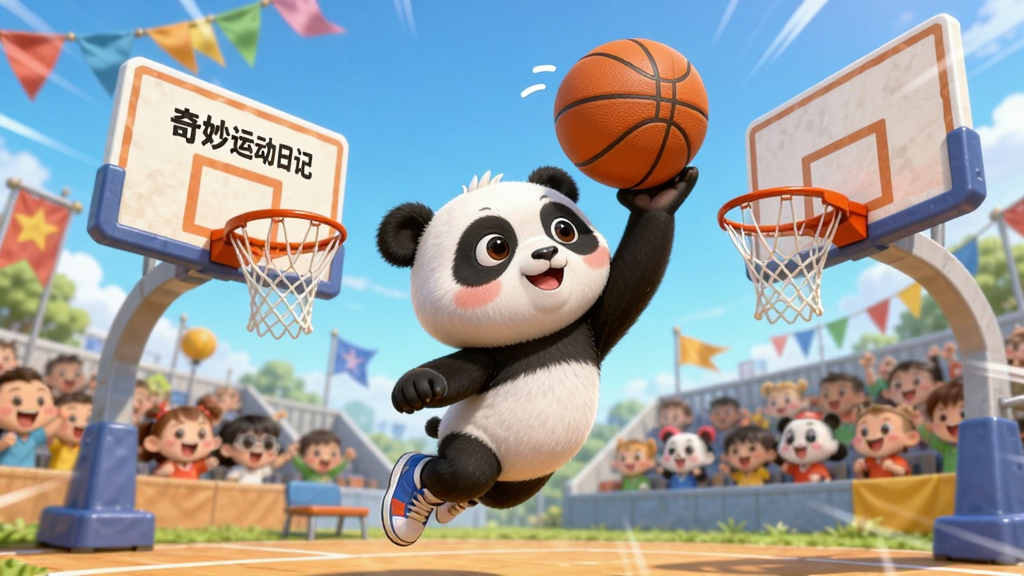 画面主体为“奇妙运动日记”游戏中的投篮比赛场景,卡通熊猫宝宝手持篮球,正跳起投篮,篮筐在移动中。背景是热闹的运动会现场,有彩色旗帜和观众席。画面采用动态抓拍视角,色彩活泼明亮,细节丰富,画质清晰干净,无多余元素。