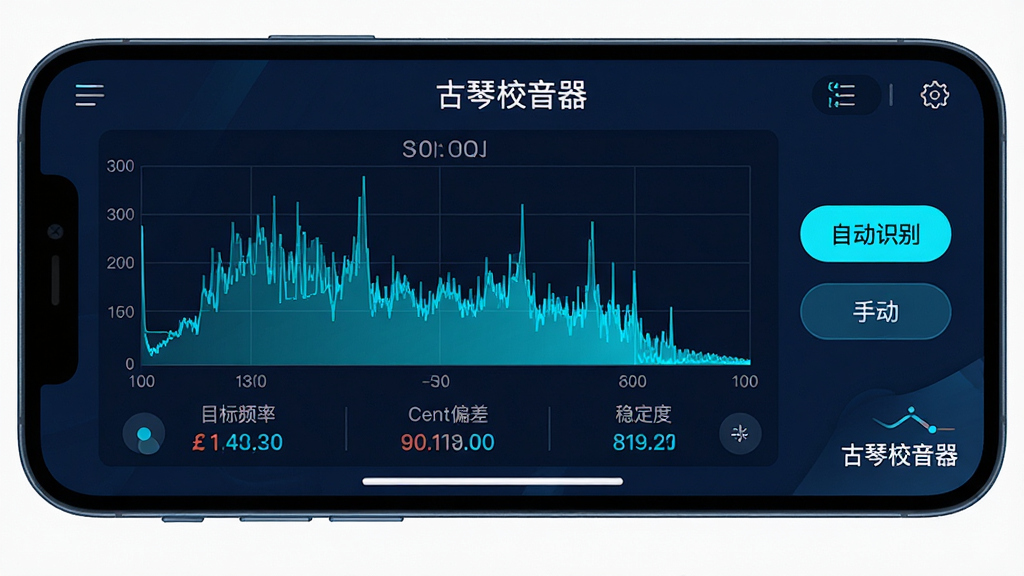 手机横屏界面,显示「古琴校音器」专业模式,界面采用深色背景,中央有大型频谱图,实时跳动着频率波形,并清晰标注当前频率、目标频率、Cent偏差和稳定度数值。旁边有自动识别和手动选择的切换按钮。整体风格专业、科技感强,数据呈现直观。布局规整,配色以深蓝和亮青为主,画质高清,突出专业工具的精准感,无多余元素,画面一角有「古琴校音器」标识。