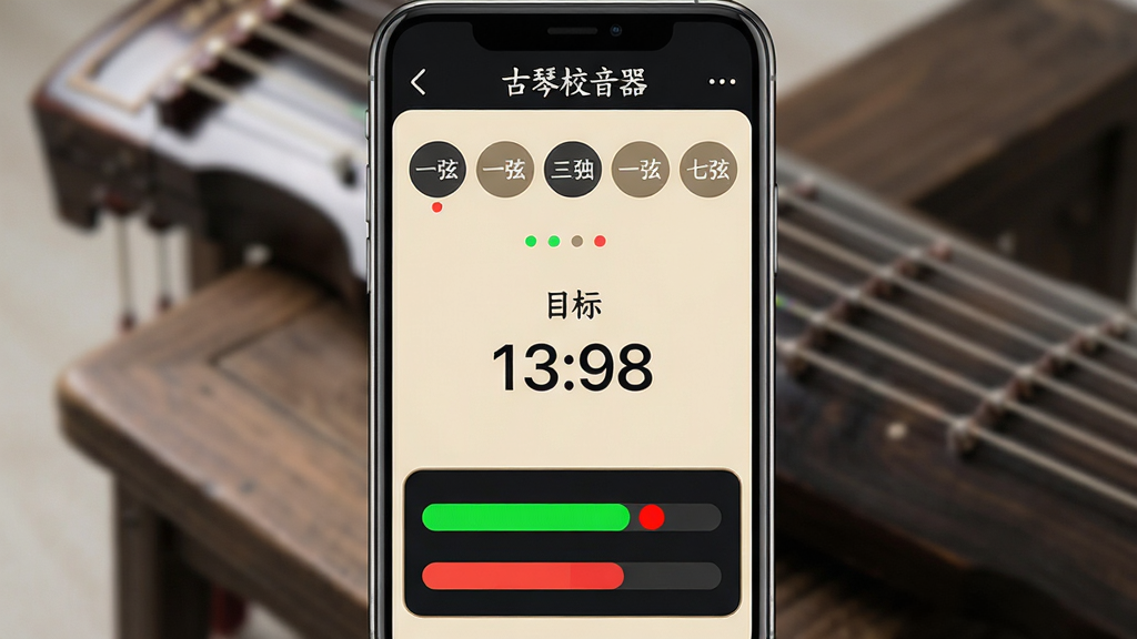 手机特写界面,显示「古琴校音器」初学调音模式,屏幕上方有“一弦”至“七弦”的选择按钮,中央显示目标音名和频率数值,下方有绿色和红色的偏差指示条。背景为虚化的古琴局部和琴弦。布局采用竖屏截图样式,界面清晰友好,色彩以米色和墨色为主,搭配醒目的亮色提示。画质高清干净,突出教学引导的实用性,无多余元素,界面文字包含「古琴校音器」字样。
