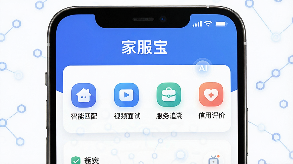 一张展示家服宝APP主界面的高清手机截图,主体是手机屏幕中家服宝的首页,顶部有“家服宝”字样,下方显示智能匹配、视频面试、服务追溯、信用评价四个核心功能图标,布局清晰,排版整洁,风格现代简约,细节体现AI科技感,画质高清干净无多余元素