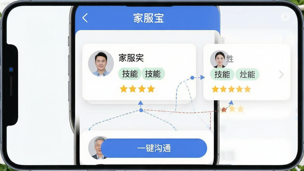 一张展示家服宝智能匹配功能的界面截图,主体是手机屏幕中匹配结果页面,顶部有“家服宝”字样,中间显示候选服务人员的卡片,包括头像、姓名、技能标签、评分,底部有“一键沟通”按钮,布局合理,排版清爽,风格简洁,细节体现AI推荐逻辑,画质清晰干净无多余元素