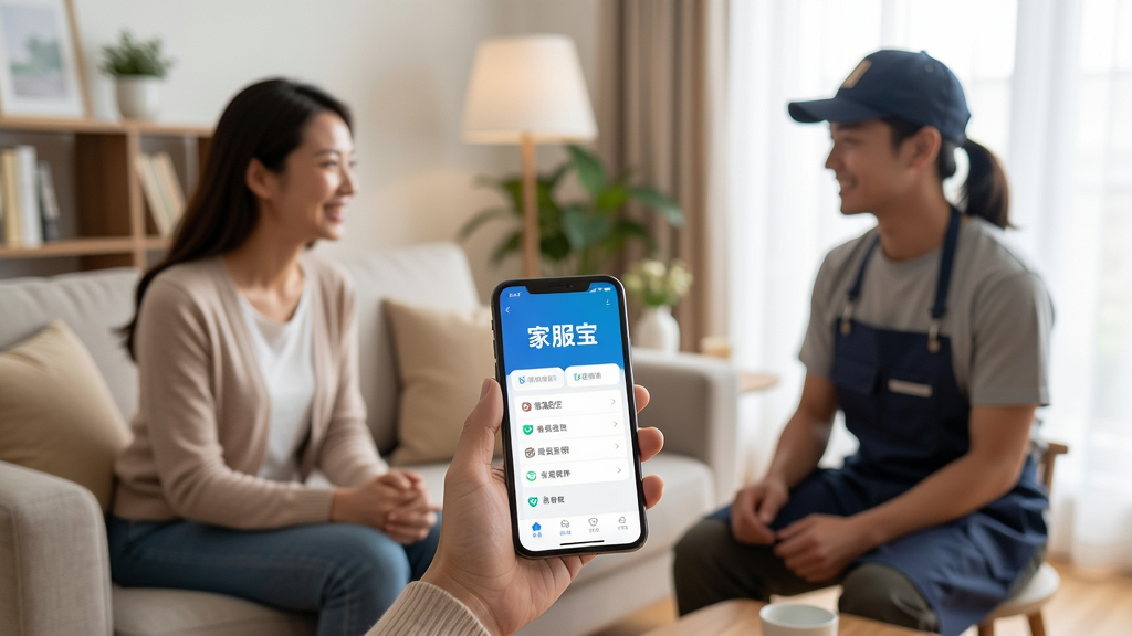 一张展示家服宝APP使用场景的图片,主体是用户正在手机上操作家服宝,背景是温馨的家庭客厅,画面中有雇主和服务人员微笑交流,布局自然,排版舒适,风格写实,细节体现APP的便捷性,画质清晰干净无多余元素