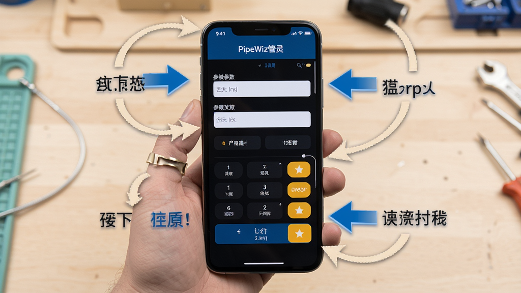 展示PipeWiz管灵在手机上的使用教程步骤图,主体为手机屏幕截图,显示参数输入和计算按钮,周围有步骤指示箭头,背景为浅色工作台,布局清晰,风格教学化,细节包括高亮操作按钮和结果展示,画质高清,干净无多余元素
