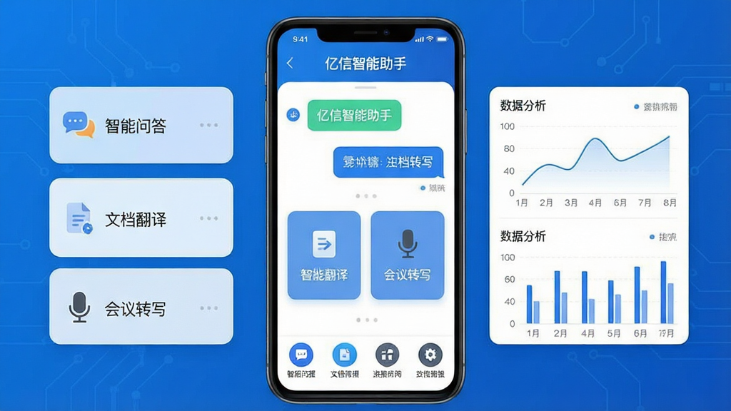 主体:亿信智能助手APP界面,展示智能问答对话框与数据图表分析面板,背景为简洁的科技蓝;布局:画面中央为手机界面,上方显示软件名称“亿信智能助手”,下方排列功能图标;排版:左右对称,图标清晰;风格:现代扁平化,商务科技感;细节:界面包含“智能问答”、“文档翻译”、“会议转写”三个模块卡片,数据图表以折线图、柱状图呈现,画质:高清,干净,无多余元素