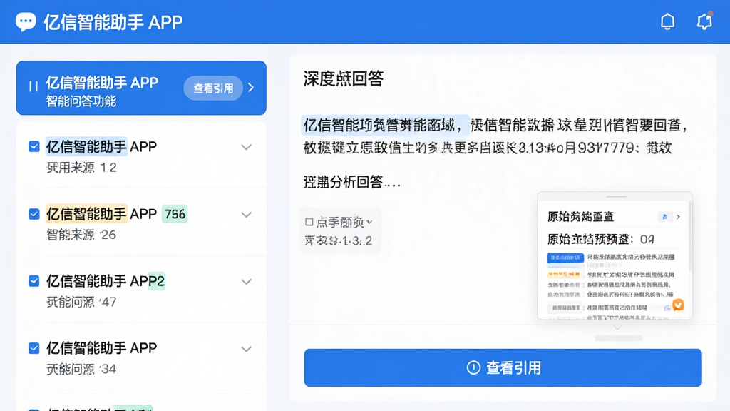 主体:亿信智能助手APP的智能问答功能界面,左侧为问题列表,右侧显示深度分析回答,底部有“查看引用”按钮;布局:分栏式设计,清晰直观;排版:文字段落对齐,重点数据高亮;风格:专业商务风,蓝白配色;细节:回答中标注引用来源编号,点击可弹出原始文档预览,画质:高清,干净,无多余元素