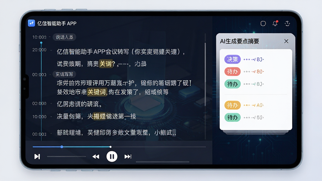 主体:亿信智能助手APP的会议转写界面,播放器下方显示实时转写文字,右侧为AI生成的会议要点摘要;布局:上下结构,转写文字滚动显示;排版:时间轴对齐,说话人标注;风格:现代科技风;细节:转写文字按段落分段,高亮显示关键词,摘要卡片包含“决策”、“待办”等标签,画质:高清,干净,无多余元素
