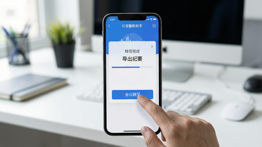 主体:亿信智能助手APP在手机上的运行场景,用户手指点击“会议转写”按钮,屏幕显示转写进度条;布局:手机居中,背景为办公桌面;排版:简洁明了;风格:写实摄影风;细节:手机屏幕显示“亿信智能助手”界面,转写完成提示“导出纪要”,画质:高清,干净,无多余元素