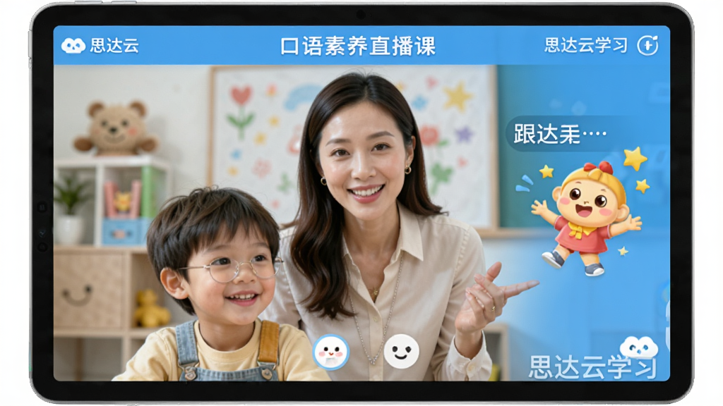 思达云学习应用“口语素养直播课”界面,画面中一位亲切的外教老师正通过视频直播与孩子互动,屏幕上显示着跟读句子和鼓励的动画效果,界面风格活泼明快,有“思达云学习”水印,画质干净,无多余元素。