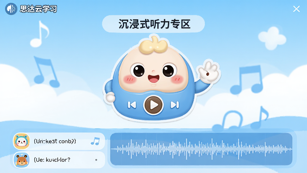 思达云学习应用界面截图,展示“沉浸式听力专区”模块,界面中央是一个可爱的卡通播放器,正在播放一首英文儿歌,下方有儿歌列表和音频波形图,背景是清新的蓝白色调,风格童趣,画质干净,无多余元素。