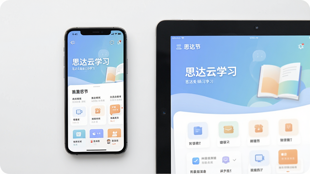 一张智能手机和一台平板电脑并排摆放的俯视图,手机和平板屏幕上都清晰显示着思达云学习的首页界面,界面布局清晰,色彩柔和,背景干净,画质细腻,无多余元素。
