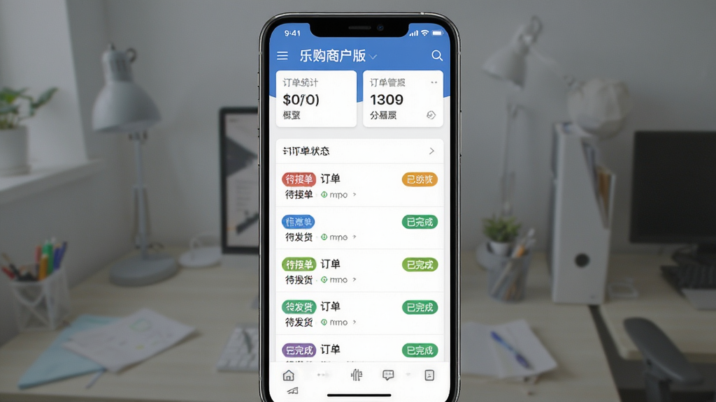 图片主体为“乐购商户版”订单管理界面截图,以列表形式展示多条订单状态,包含待接单、待发货、已完成等彩色标签。布局为上下结构的手机界面全屏展示,顶部有订单统计概览卡片。排版整齐有序,风格为商务数据可视化风格,细节突出不同状态标签的色彩区分,屏幕整体亮度适中,画质清晰干净,无多余UI元素干扰。