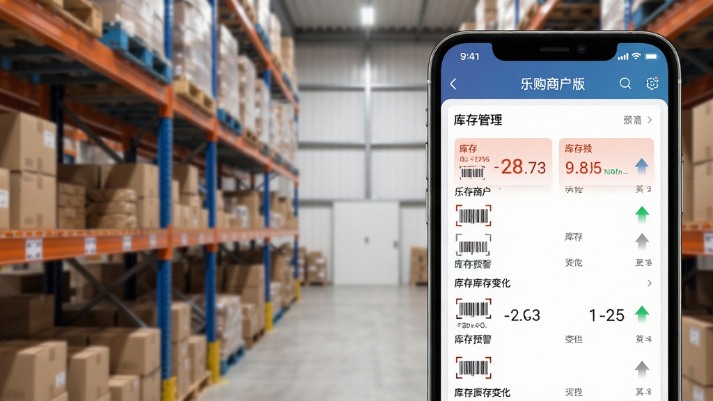生图提示词:画面主体为仓库货架与手机APP库存管理界面的合成图,手机屏幕显示“乐购商户版”库存列表和库存预警数字。布局采用左右分割构图,左侧为模糊背景的实体货架,右侧为清晰锐利的手机屏幕特写。排版强调数据与实物的对比,风格写实且具有科技感,细节包含条形码扫描和库存数量变化箭头,画质高清细腻,背景干净无杂物。