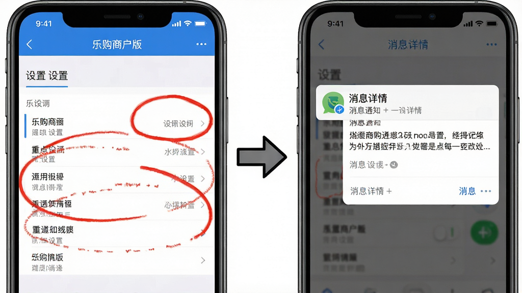 画面主体为手机截图教程拼图,左侧展示“乐购商户版”的设置界面,右侧展示消息通知栏的推送详情。布局为双图并列,中间用箭头连接符号。排版清晰直观,风格为教学指引风格,细节包含红色圆圈标注重点设置项,画质锐利,背景为纯白色,干净无多余文字。