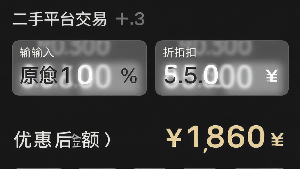 主体为“二手平台交易”折扣计算器功能界面,显示输入框和计算结果;布局为上下结构,上方输入原价和折扣,下方显示优惠后金额;风格为简洁计算器风格,数字醒目;细节包括百分比符号和货币单位;画质高清,干净无多余元素