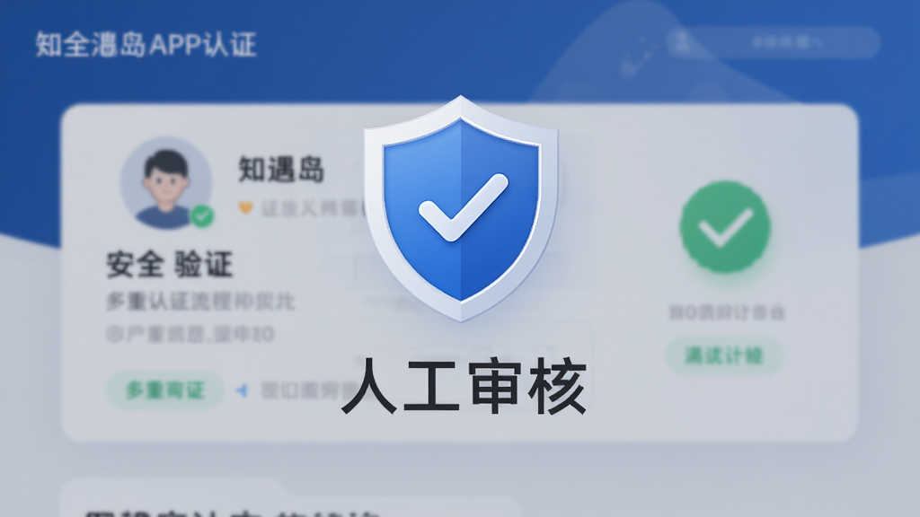 知遇岛APP安全认证界面,主体是盾牌图标和“人工审核”字样,背景有用户资料卡和绿色对勾标志,布局居中,排版规整,风格简约商务,细节体现多重验证流程,画质清晰,干净无多余元素