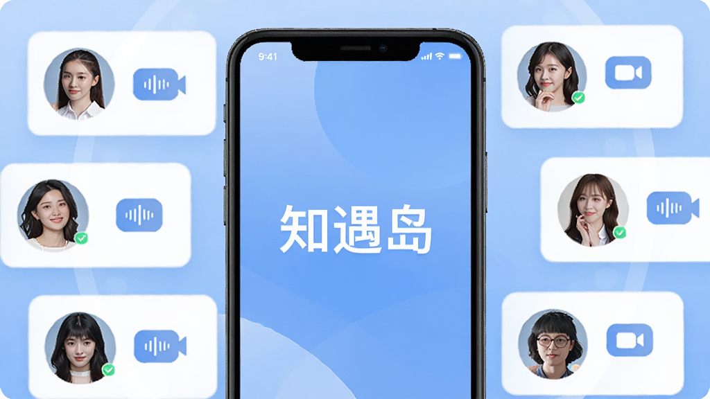 画面主体为知遇岛APP的界面展示,一部智能手机屏幕中央显示“知遇岛”字样,周围环绕着多个真人头像卡片,卡片上有语音、视频图标,背景为柔和的渐变蓝色,布局简洁大方,排版清晰,风格现代清新,细节丰富,画质高清,干净无多余元素