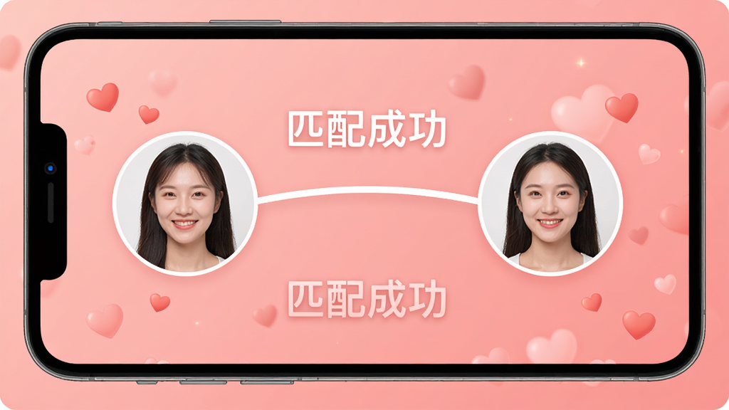 趣相逢匹配成功界面,两个用户头像连线,显示“匹配成功”字样,背景为温馨粉色,带有爱心装饰,界面简洁大方,画质高清,干净无多余元素