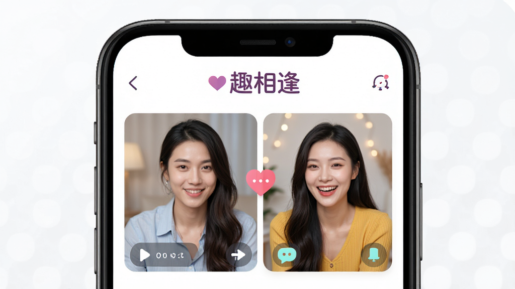 趣相逢APP主界面展示,手机屏幕中显示视频相亲房间,男女嘉宾正在互动,界面风格清新活泼,带有“趣相逢”字样Logo,整体布局简洁现代,UI设计精致,高清画质,干净无多余元素