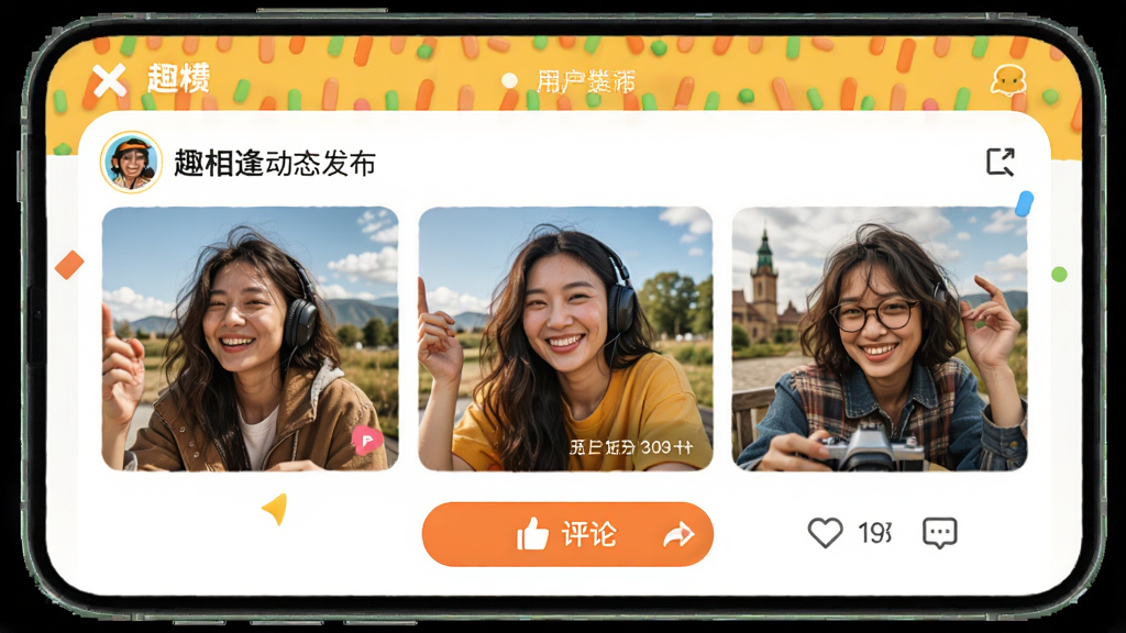 趣相逢动态发布界面,展示用户生活照片,带有点赞评论按钮,界面风格活泼,色彩明快,画质高清,干净无多余元素