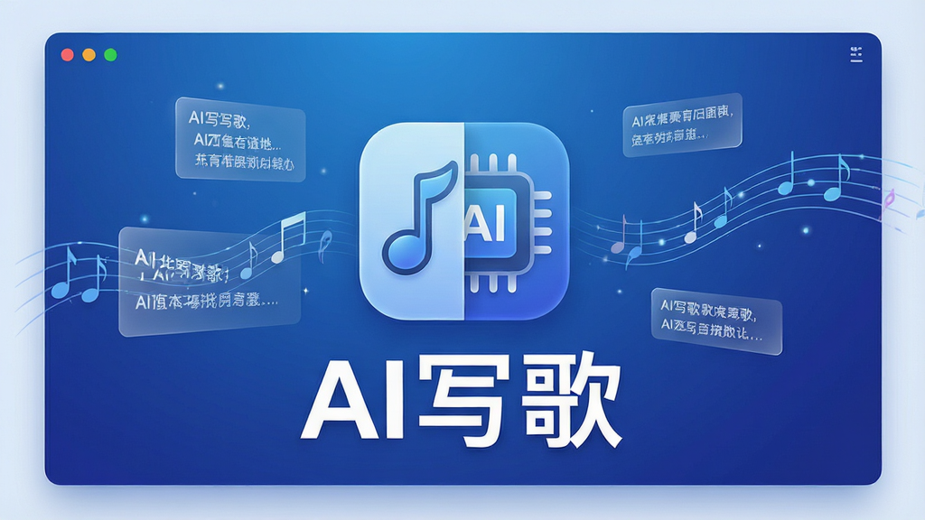 一张展示AI写歌软件主界面的高清预览图,界面设计简洁现代,中央有音符与AI芯片结合的图标,背景为渐变蓝色调,周围漂浮着歌词片段和旋律线条,布局居中,风格科技感与艺术感并存,细节丰富,画质清晰干净,无多余元素,主标题文字“AI写歌”醒目显示