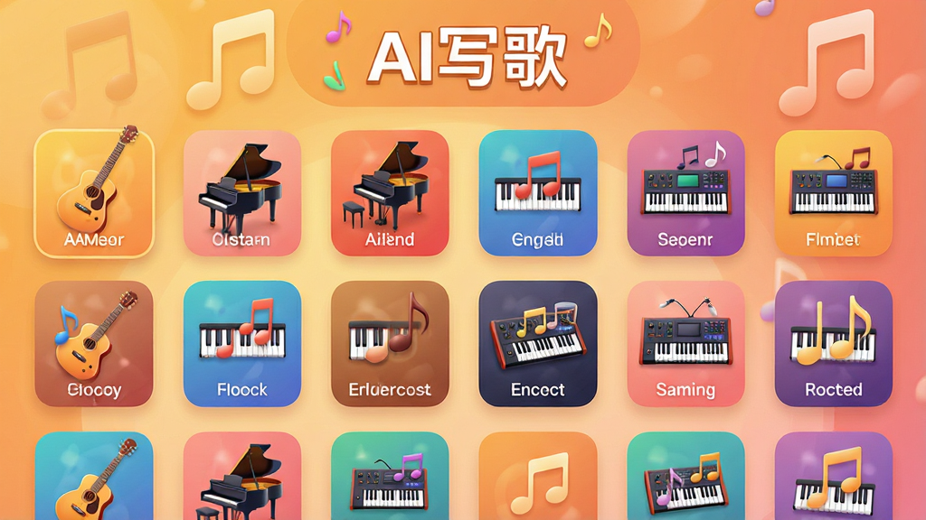 一张展示AI写歌音乐模板选择界面的预览图,界面以网格形式排列多种曲风图标,每个图标带有音乐符号和风格名称,背景为暖色调渐变,布局整齐有序,风格活泼明亮,细节包含吉他、钢琴、电子合成器等乐器元素,画质清晰干净,无多余元素,顶部有“AI写歌”标题
