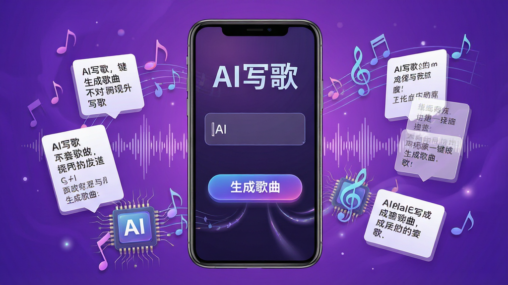 一张展示AI写歌一键生成歌曲功能的预览图,画面中手机屏幕显示输入框和“生成歌曲”按钮,周围环绕着音符、声波和歌词卡片,背景为紫色渐变,布局以手机为主体居中,风格梦幻且富有科技感,细节包含AI芯片与音乐元素,画质清晰干净,无多余元素,屏幕上方显示“AI写歌”字样