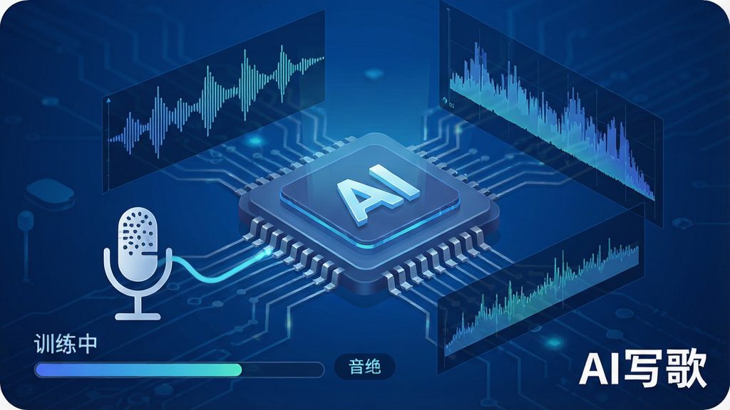 一张展示AI写歌声线训练功能的预览图,画面中一个麦克风图标连接着AI芯片,周围有波形图和声音频谱,背景为蓝色科技风,布局以芯片为中心,风格专业且富有未来感,细节包含“训练中”进度条和音色标签,画质清晰干净,无多余元素,文字“AI写歌”出现在角落