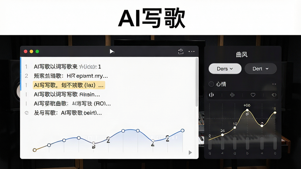 一张展示AI写歌以词写歌功能的预览图,画面中显示歌词编辑界面,左侧为歌词文本,右侧为曲风、心情选项,背景为深色音乐工作室风格,布局左右对称,风格专业且专注,细节包含歌词高亮和旋律曲线,画质清晰干净,无多余元素,顶部有“AI写歌”字样