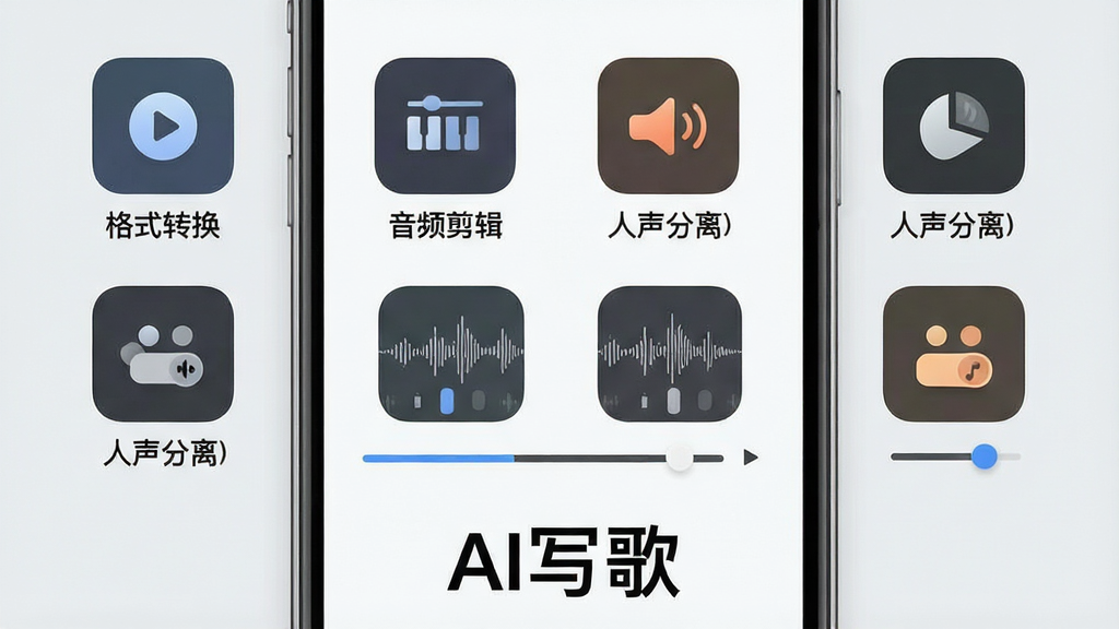 一张展示AI写歌音频工具集功能的预览图,画面中手机屏幕显示多个工具图标,包括格式转换、音频剪辑、人声分离等,背景为浅灰色调,布局以图标网格排列,风格简洁实用,细节包含音频波形和进度条,画质清晰干净,无多余元素,底部有“AI写歌”字样