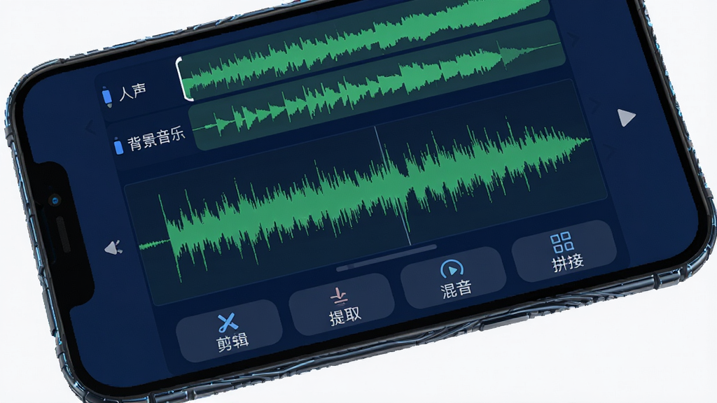 手机屏幕显示柚联助手音频编辑界面,波形图清晰可见,下方有“剪辑”、“提取”、“混音”、“拼接”四个功能按钮,界面上方有两条音轨,分别标记为“人声”和“背景音乐”,整体采用深蓝色调,波形为绿色,界面简洁明了,画质精细,风格科技感,无多余元素。