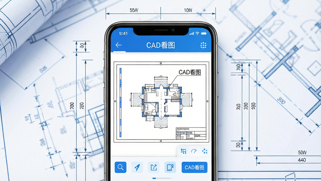 主体:CAD看图手机免费版主界面展示,背景为工程蓝图,前景是手机屏幕显示CAD图纸,界面简洁清爽。布局:手机居中,屏幕内展示图纸缩放、工具栏图标,四周留白。排版:手机设备置于视觉中心,周围点缀坐标线、尺寸标注符号。风格:科技感与现代感结合,色彩以蓝白为主,明亮通透。细节:图纸线条清晰,界面按钮可见,标注“CAD看图”文字。画质:高清渲染,干净无多余元素。