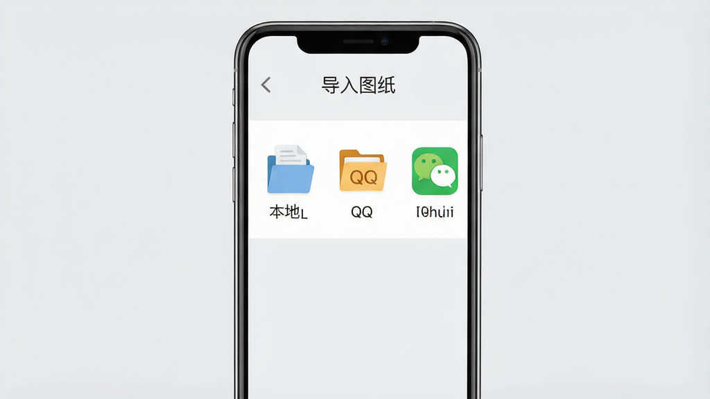 主体:CAD看图手机免费版导入功能界面,手机屏幕显示文件选择列表,包含本地、QQ、微信图标。布局:手机居中,屏幕内列表清晰,三个导入渠道图标并列排布。排版:图标下方有文字标注,背景为淡灰色。风格:扁平化设计,简洁直观。细节:屏幕中显示“导入图纸”标题,文件图标用文件夹样式。画质:高清,色彩柔和,干净无多余元素。