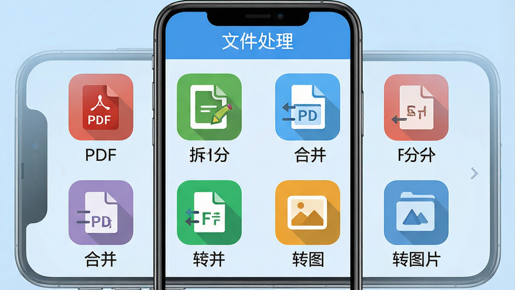 主体:CAD看图手机免费版格式转换功能界面,手机屏幕显示PDF拆分、合并、转图片的图标。布局:手机居中,屏幕内功能图标呈网格排列,背景为浅蓝色。排版:图标下方带文字标签,顶部有“文件处理”标题。风格:商务简约,色彩明快。细节:图标分别用不同颜色区分,线条清晰。画质:高清渲染,画面干净无杂物。