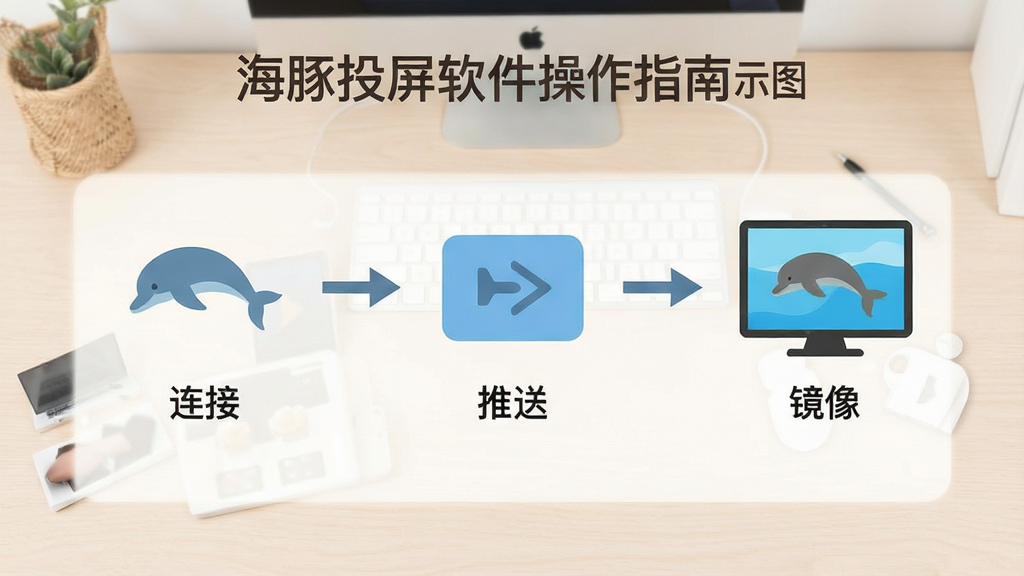 海豚投屏软件操作指南示意图,展示连接步骤与注意事项,画面分步骤图解,风格简洁明了,背景为浅色桌面,图标清晰,文字标注“连接”、“推送”、“镜像”,画质干净,无多余元素