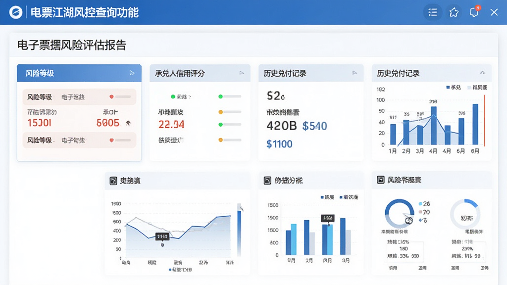电票江湖风控查询功能界面,展示一张电子票据的风险评估报告,包含风险等级、承兑人信用评分、历史兑付记录等数据模块,界面以蓝白配色为主,数据可视化图表清晰,整体风格专业严谨,画质高清,无多余元素