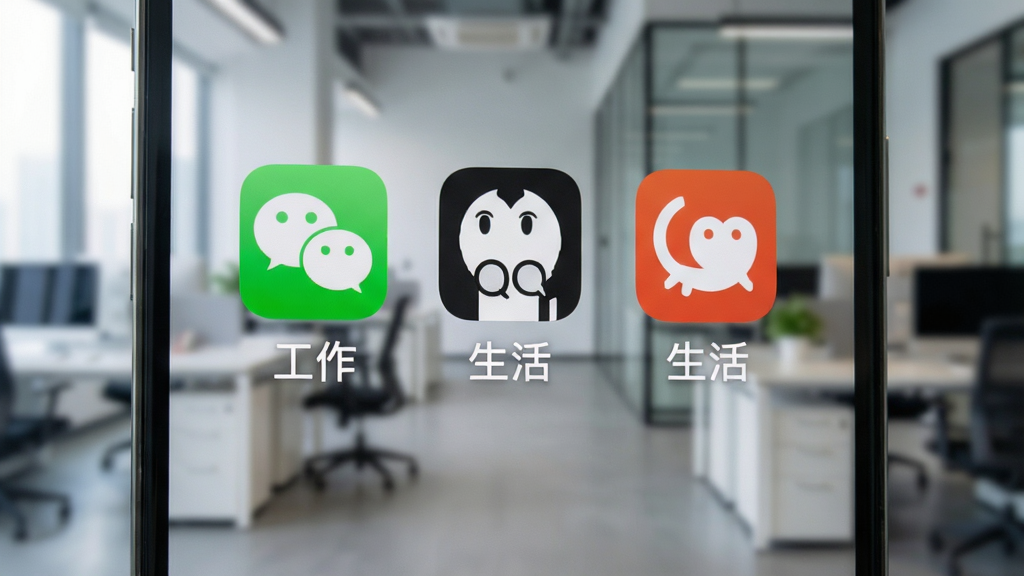 手机屏幕特写,屏幕内微信、QQ等社交应用图标各出现两个并排,一个标注“工作”,一个标注“生活”,背景为虚化的现代办公环境,画面清晰,构图简洁,突出应用双开的便捷性,画质干净,无多余元素