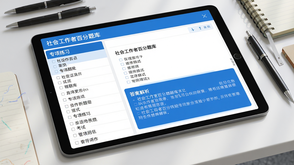 主体:社会工作者百分题库APP的“专项练习”界面,展示多选题答题页面。布局:平板电脑横屏显示,左侧为题目列表,右侧为答题区和答案解析。排版:题目以标准考试字体呈现,选项清晰,解析区域用蓝色背景突出。风格:简洁商务风格,界面配色以蓝白为主。细节:屏幕上有“社会工作者百分题库”字样,平板周围散落几支笔和笔记本。画质:高清渲染,细节丰富,干净无多余元素。
