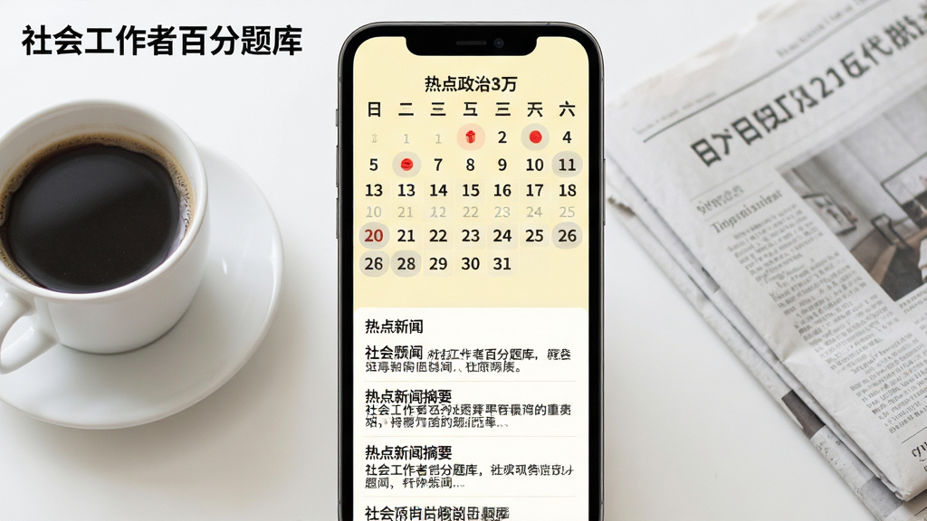 主体:时事政治板块的日历视图页面,每月日期上标记有热点事件红点。布局:手机竖屏展示,上方为当月日历,下方为热点新闻摘要列表。排版:日期数字清晰,新闻摘要带标题和简短概述,整体排版整齐。风格:清新简约风格,背景淡黄色,文字深灰。细节:屏幕左上角有“社会工作者百分题库”字样,手机旁有一杯咖啡和一份报纸。画质:高清,明亮,干净无多余元素。