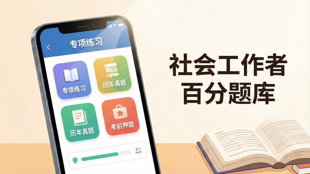 主体:一部正在运行社会工作者百分题库的智能手机,屏幕清晰显示题库界面和答题进度。布局:手机位于画面中央偏左,右侧留白处放置“社会工作者百分题库”字样和几本打开的参考书。排版:手机屏幕内展示“专项练习”“历年真题”“考前押题”等彩色功能图标,文字整齐排列。风格:现代扁平化插画风格,色彩明亮温暖。细节:画面干净,光线柔和,手机屏幕反射出细微光泽。画质:4K超清,高清细节,干净无多余元素。