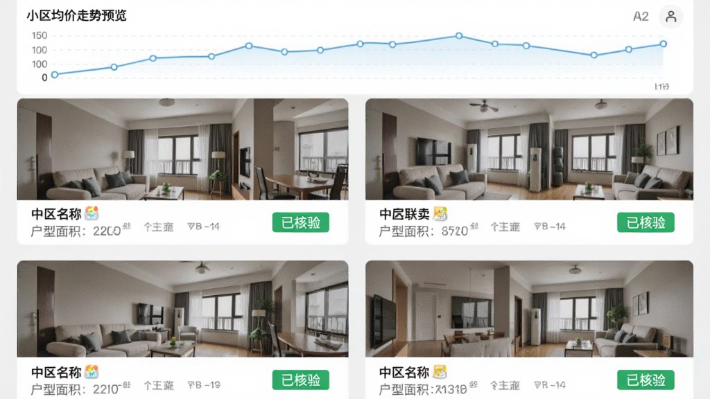 中房联卖APP房源详情页预览图,界面采用简洁清晰的列表布局,每套房源卡片均展示真实拍摄的室内照片、小区名称、户型面积与标注“已核验”的绿色标签,页面顶部是小区均价走势折线图,整体UI设计现代、信息层级分明,色调以白色和浅灰色为主,强调真实、透明与专业感,画质干净,无多余元素