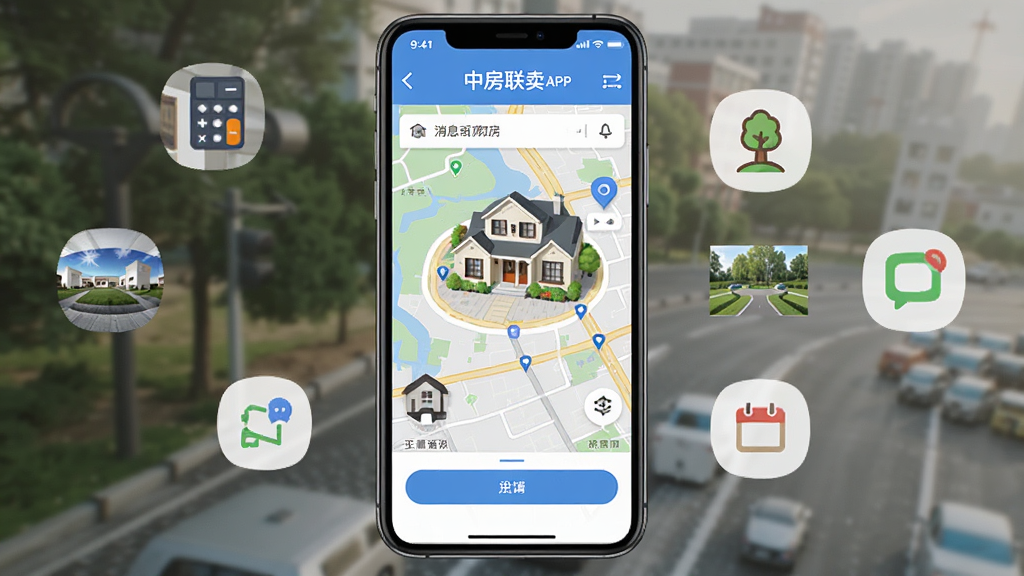 中房联卖APP在手机上的实际运行效果图,手机屏幕显示地图找房界面,周围散落着代表不同功能的图标,如计算器、全景看房、消息通知等,画面构图平衡,突出移动端操作的便捷性,画质清晰,色彩自然,无多余元素