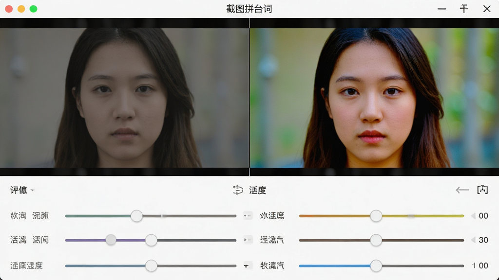 一张“截图拼台词”软件的照片调色界面截图,界面上半部分是原图与调色后效果的左右对比,下半部分是各种滤镜和参数调节滑块,原图色彩平淡,调色后的图片色彩饱满、层次分明,界面设计直观,滑块布局清晰,画质干净,无多余元素